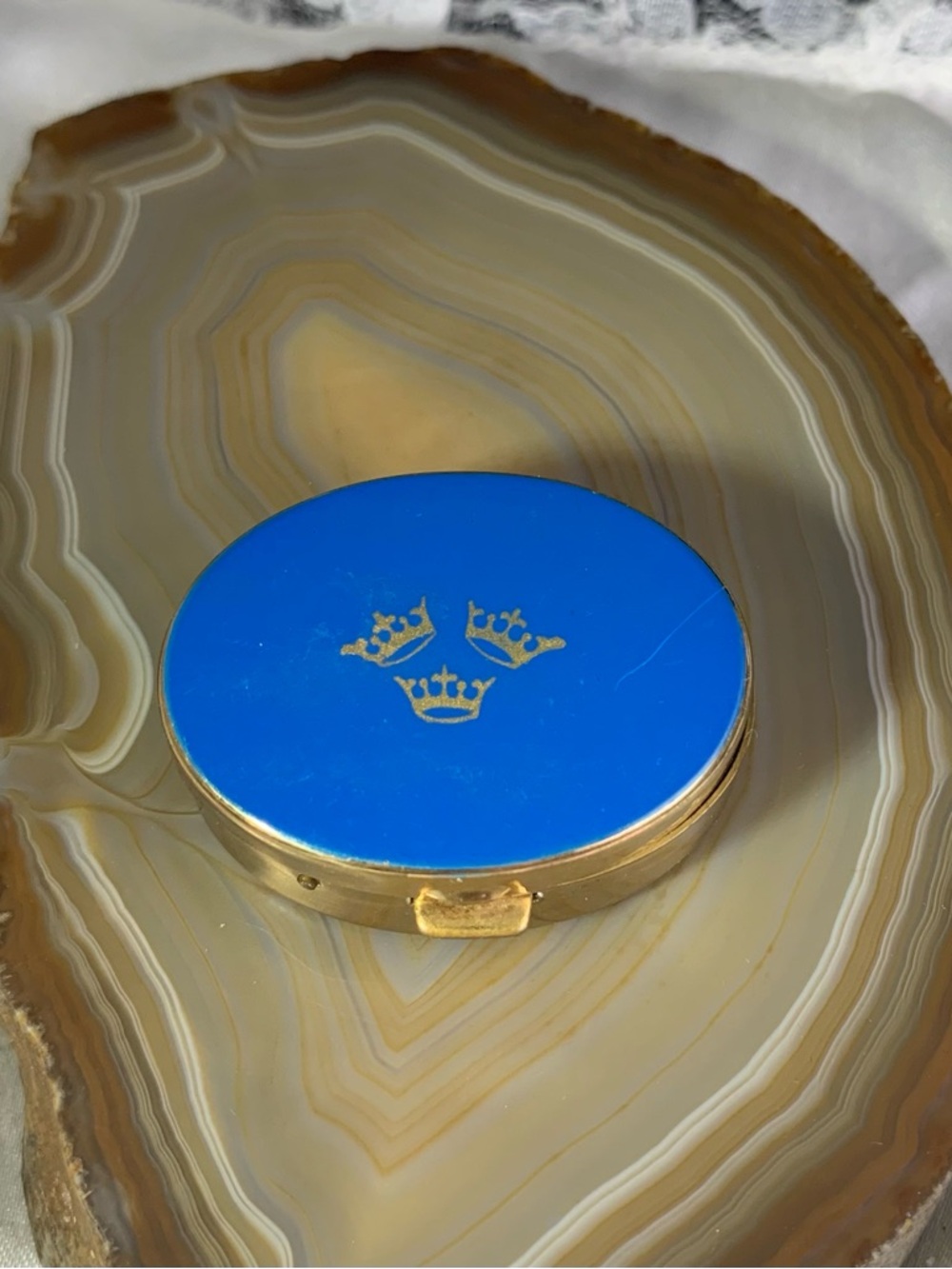 Vintage Blue Enamel Three Crown Emblem Pill Box,From Sweden.